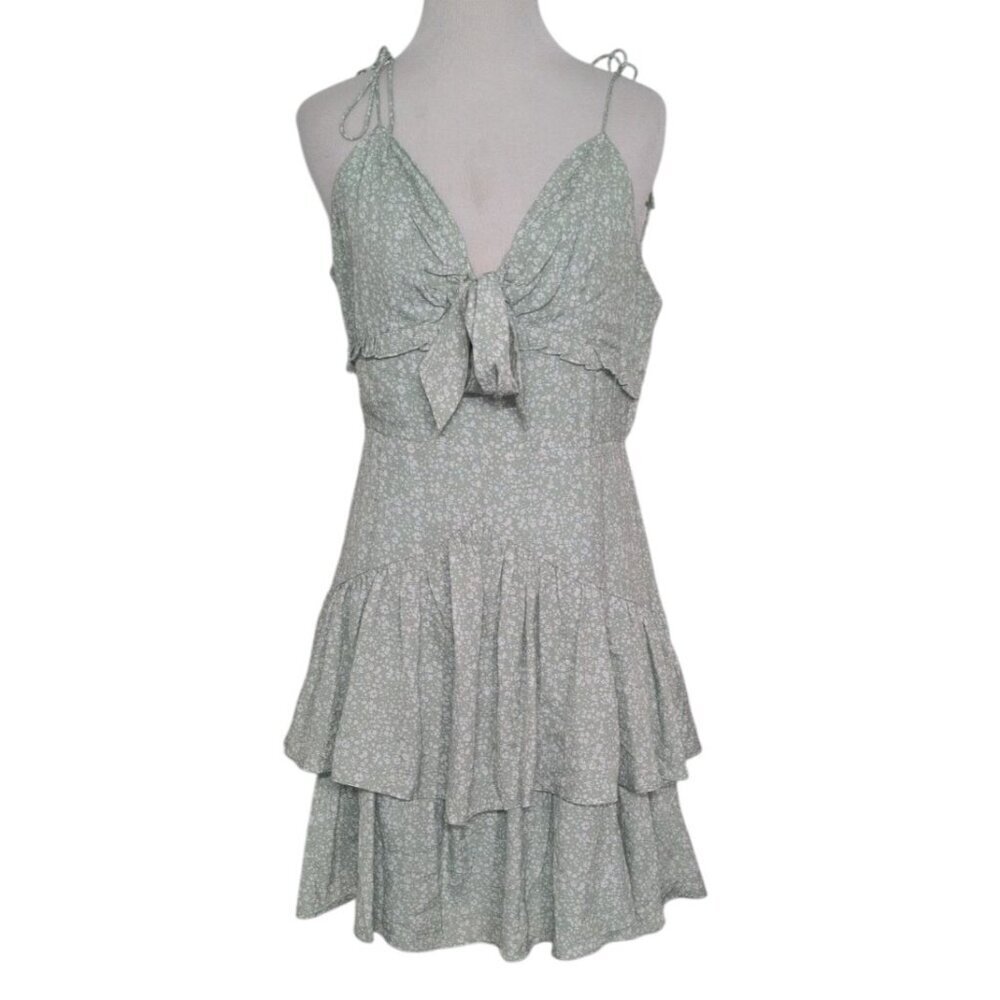 Storia Floral Dress Womens Size Large Green V Neck Tie Straps Coquette Fairy